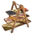 Hot Sale Hand Carved Foldable Design Wooden Three Tier Tray Serving Rack