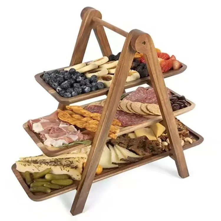 Hot Sale Hand Carved Foldable Design Wooden Three Tier Tray Serving Rack