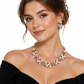 Women's Indian Christian Quartz Earrings and Necklace Set with Rose Gold Plating for Wedding and Party Occasions