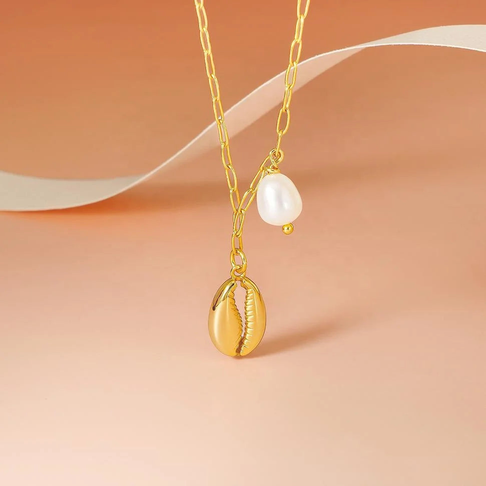 Summer Beach 925 Sterling Silver Ocean Jewelry 18k Gold Plated Natural Pearl Shell Conch Pendant Necklace with Charm for Women