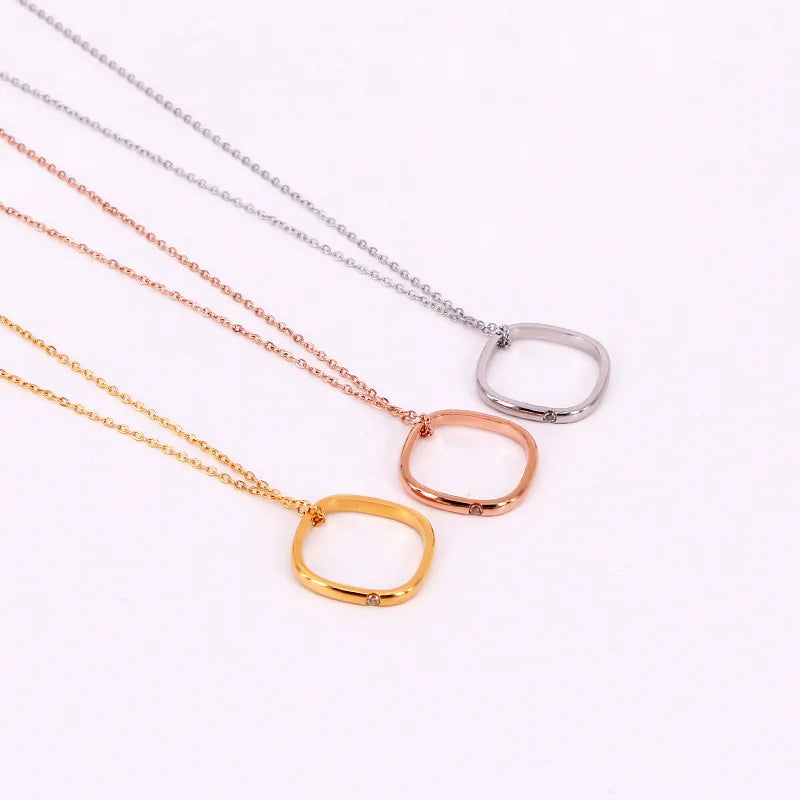 Simple Stainless Steel Chain Cubic Zirconia CZ Stone Setting Square Ring Pendant Necklace