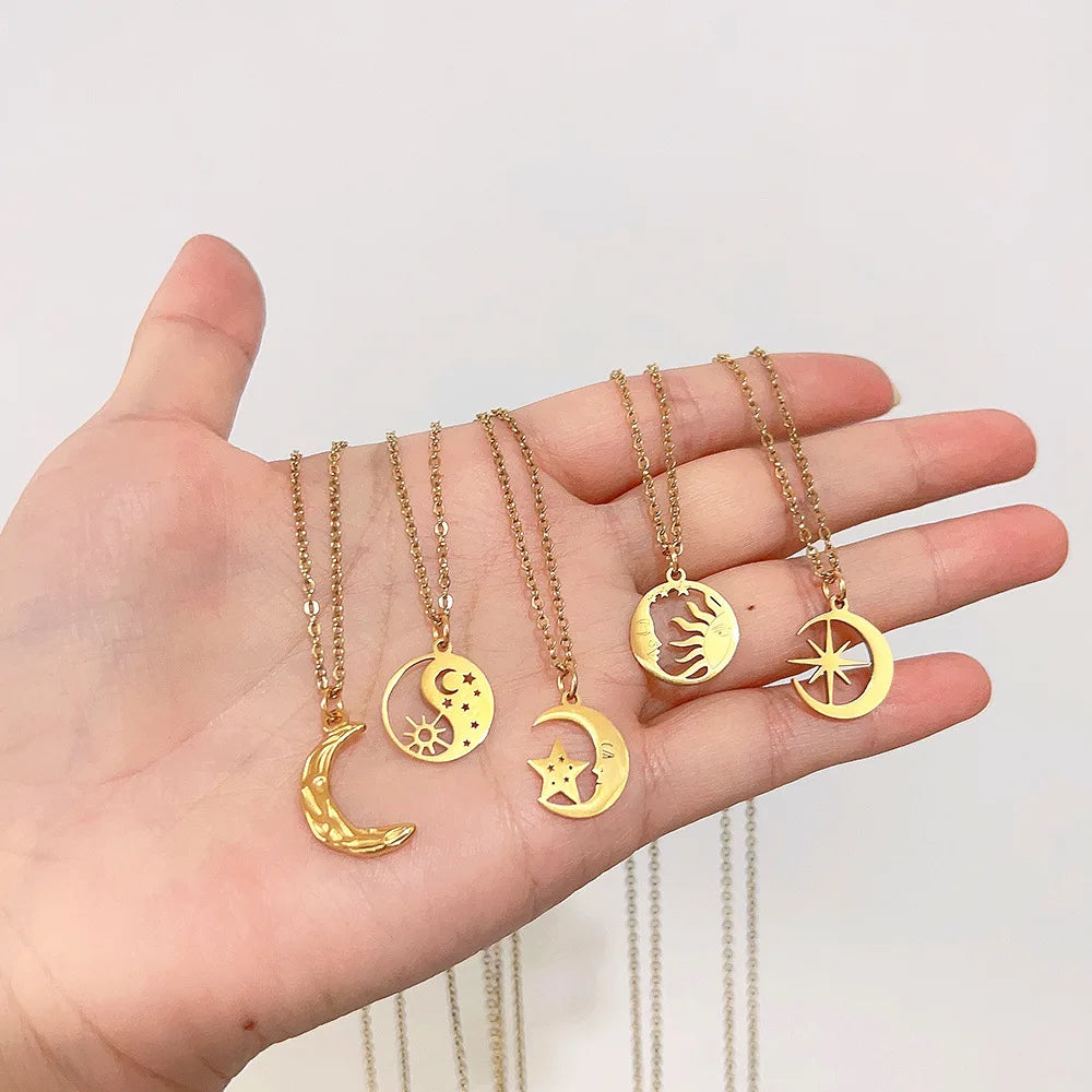 New Stainless Steel Star Moon Sun Pendant Necklace with Link Chain 18K Gold Plated Waterproof Jewelry for Women