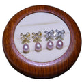 Classic Women's Elegant 18K Gold Plated Zirconia Fresh Water Pearl Ribbon Bow Tie Stud Earrings