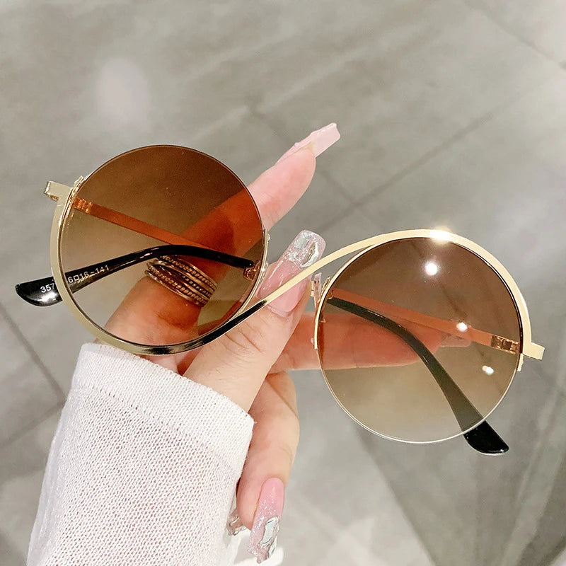 Fashion Round Glasses New Women Metal Frames Glasses Gradient Tea Shades Eyewear Female UV400 Eyeglasses De Sol