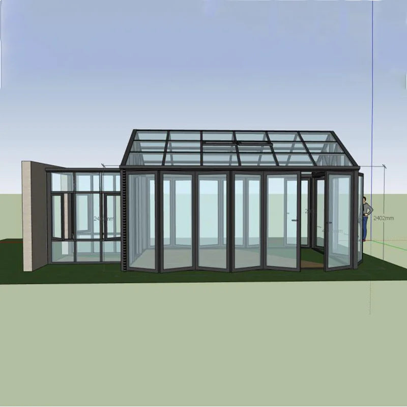 Factory Supply Discount Price Prefabricated Automatic Double Hipped Sunroom Modern Aluminum Alloy Tempered Glass Construction