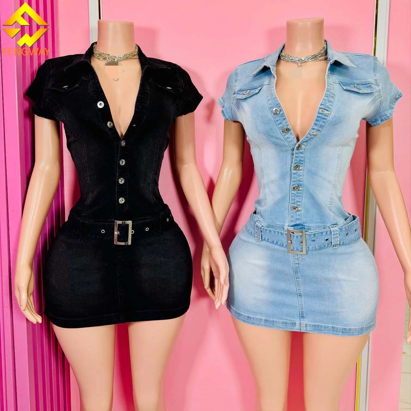 2025 New Fashion Summer Casual Stretchy Short Sleeve Denim Dress Slim-fit Mini Dress With Belt for Women