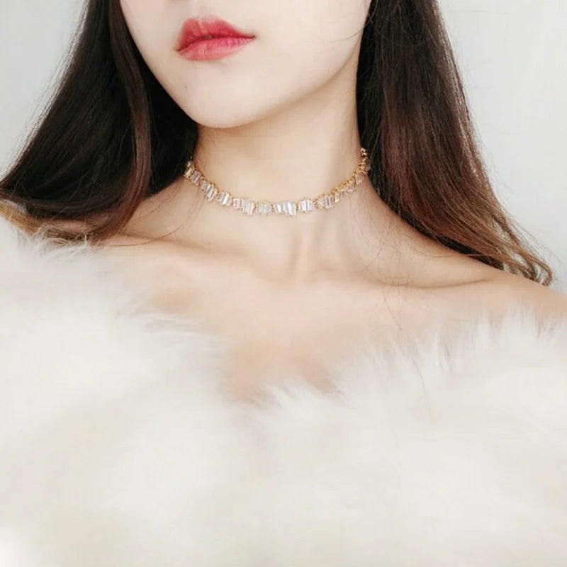 Fine Jewelry Stainless Steel Alloy Chain Gemstone Necklace Custom Elastic Stretch Crystal Charm Zircon Choker Necklace for Women