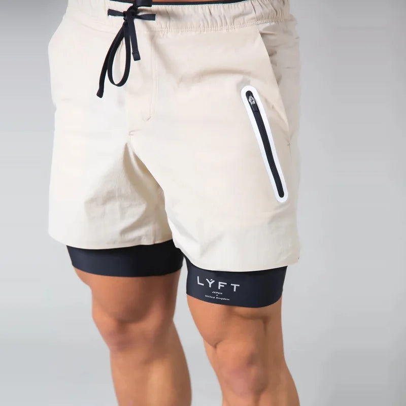 Custom Logo 2 in 1 Zipper Pocket Fitness Workout Pants Stretch Running Biker Men's Gym Shorts