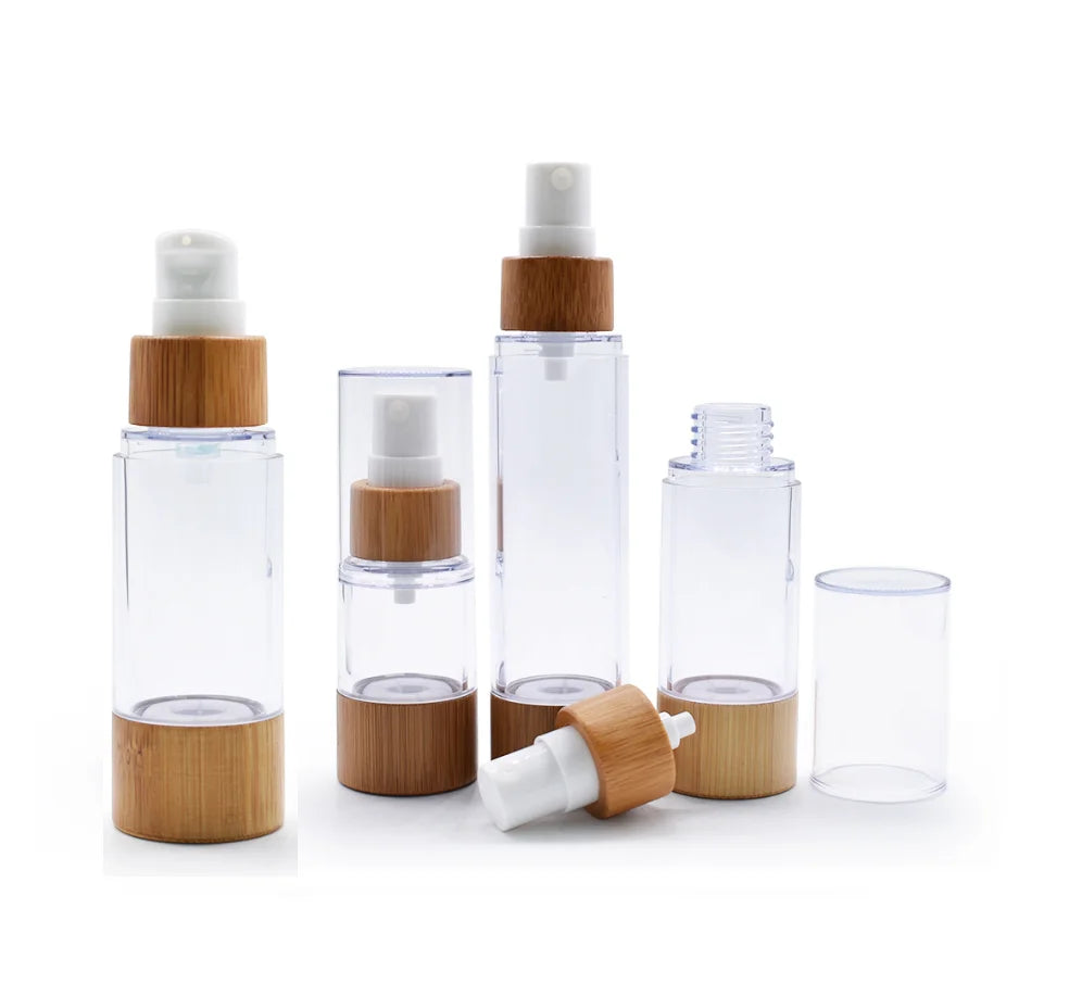 Luxury Bamboo Cosmetic Bottle 50ml 80ml 100ml Plastic Airless Lotion Pump Bottle with Lotion Lids Spray Lids