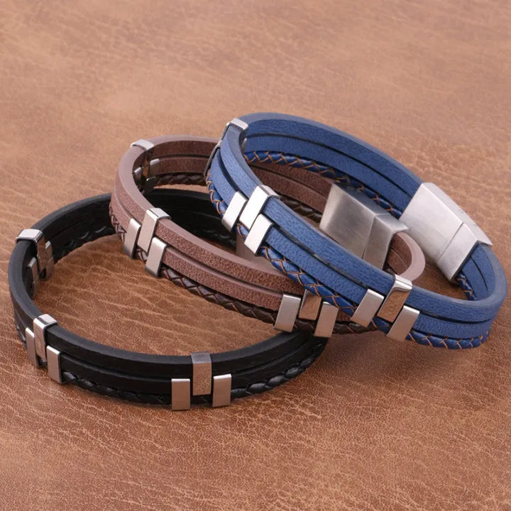 2022 Vintage Magnetic Clasp Hand Jewelry Stainless Steel Bracelet Handmade Braided Leather Bracelet for Men