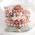 2025 New Boho Style Pink Ribbon Jewelry 6pcs Natural Stone Glass Beads Elastic Charm Bracelet Set Irregular Raw Stone Bangle