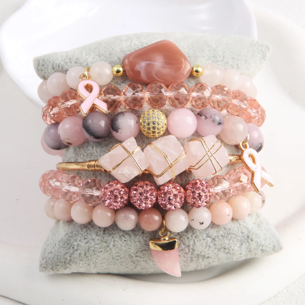 2025 New Boho Style Pink Ribbon Jewelry 6pcs Natural Stone Glass Beads Elastic Charm Bracelet Set Irregular Raw Stone Bangle