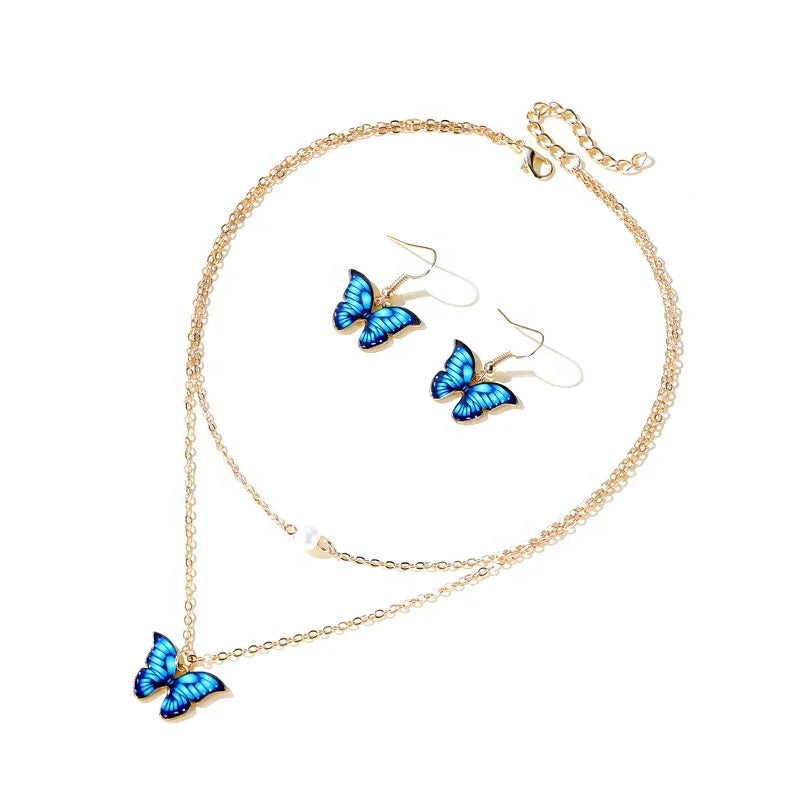 Mix Color Enamel Pearl Butterfly Jewelry Sets Alloy Butterfly Earrings Necklace Gold Jewelry Set for Girls