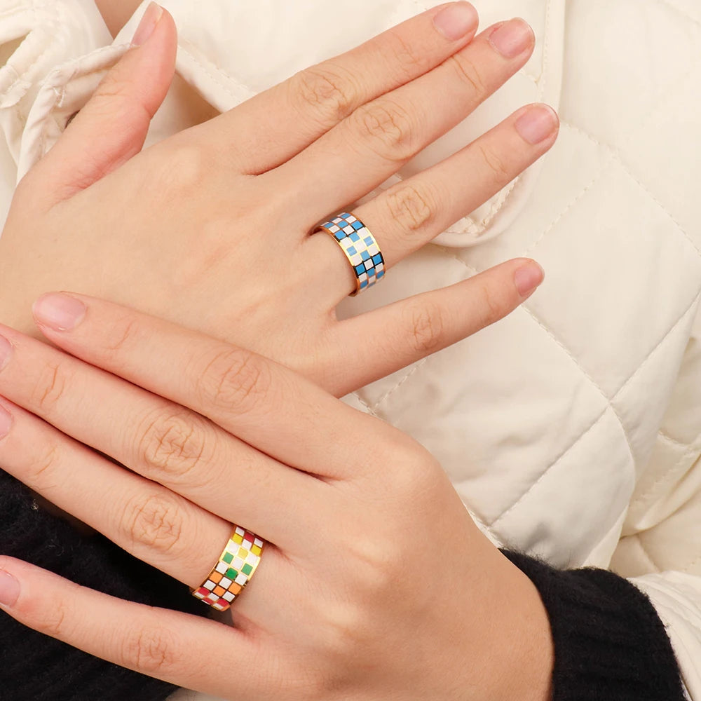 Chris April in Stock 316L Stainless Steel Ceramic Enamel Checkboard Band Finger Ring