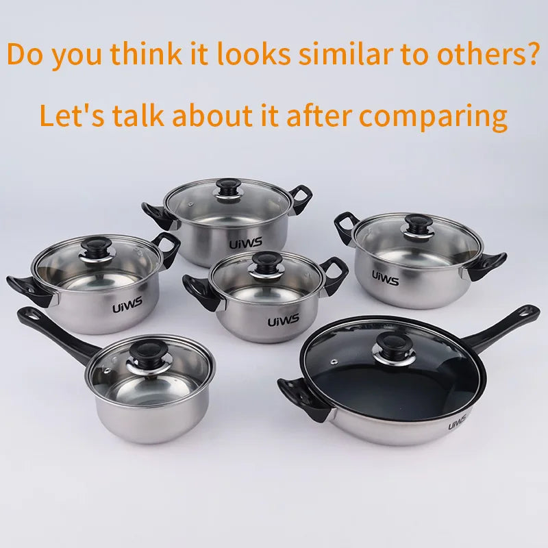Eco-Friendly Kitchen Stainless Steel Cookware Set 12-Piece Cooking Pot Set Minimalist Design Compatible Induction Home Cooking