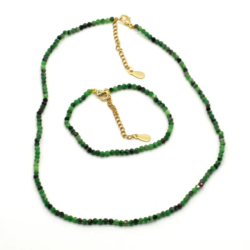 Fashion Jewelry Set Natural Green Epidote 3mm Stone Faceted Beads Jewelry Sets Adjustable Bracelet and Necklace