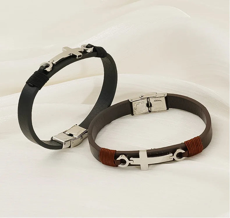 Trendy Cross Bracelets & Bangles Stainless Steel & Leather Rose Gold Plated Unisex Gift for Son Father or Grandpa