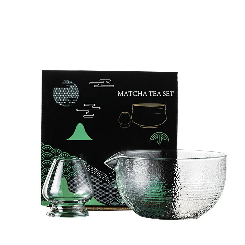 New Textured Matcha Bowl Glass with Pouring Spout Japanese Tea Set Reusable Glass Tea Bowls Tea Lovers