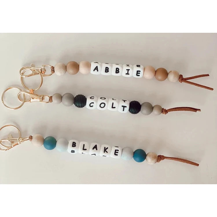 Custom Letter Name Wood Bead Silicone Beaded Keychain for Women Personalized Gift Diaper Bag Backpack