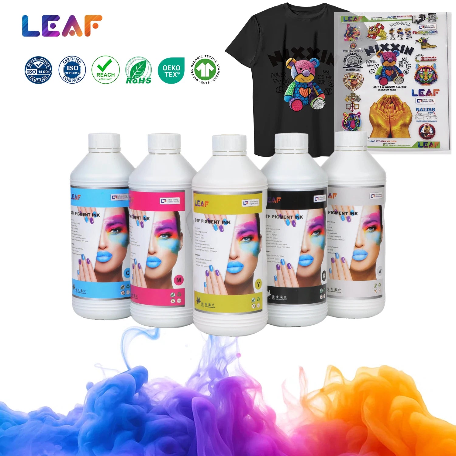 LEAF Factory Price Quality 1000ml CMYKW T-Shirt Pigment Heat Transfer DTF Ink for I3200 I1600 XP600 DTF Printer