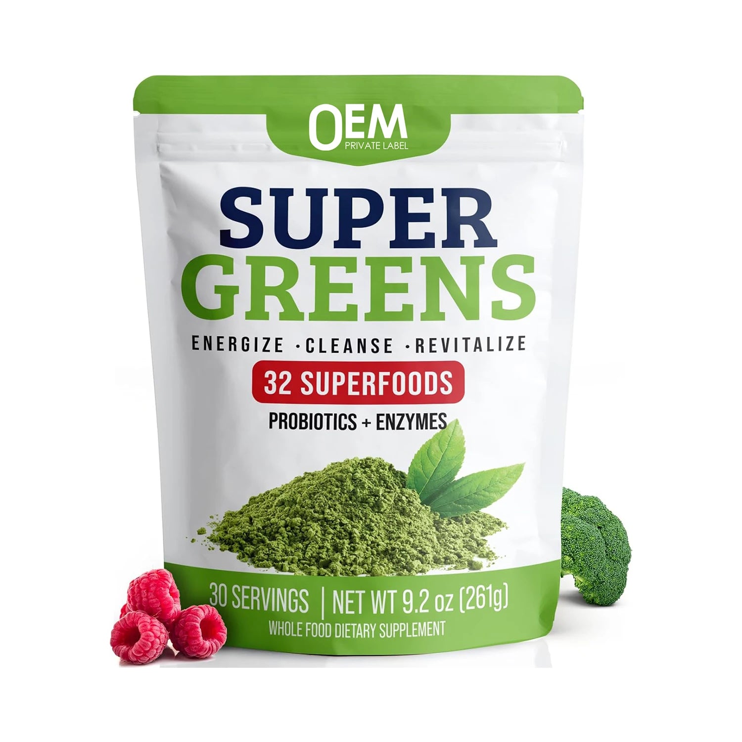 OEM Supergreens Powder Detox Greens with Probiotics & Enzymes Chlorella Spirulina Wheat Grass Ashwagandha for Digestion