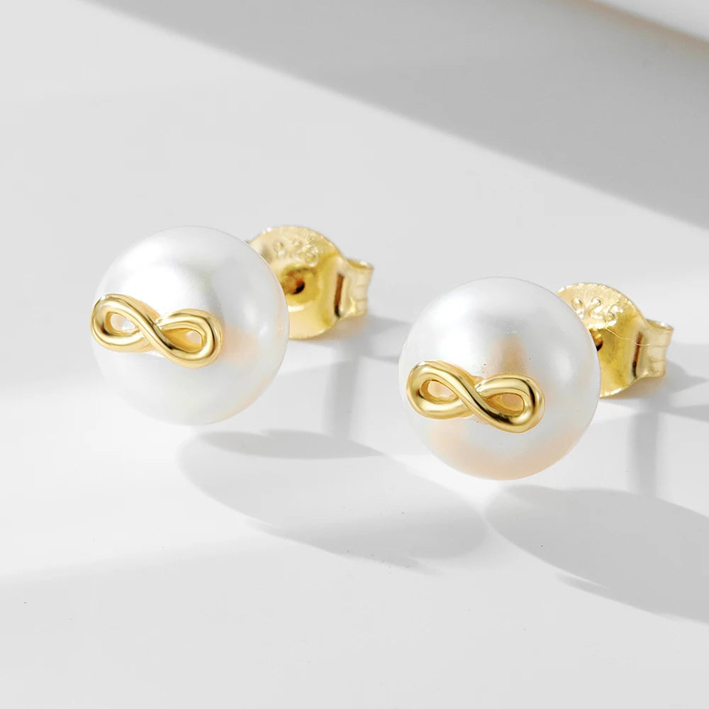 Wholesale Jewelry 925 Sterling Silver 14K Gold Plated Bread Freshwater Pearl Infinite Love 8-character Stud Earrings