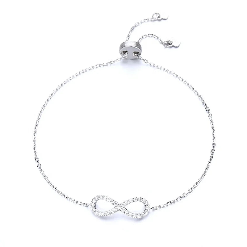 Genuine 8 Number 925 Sterling Silver Real VVS Moissanite Infinity Symbol Charm Bracelet Chain Adjustable for Women & Girls