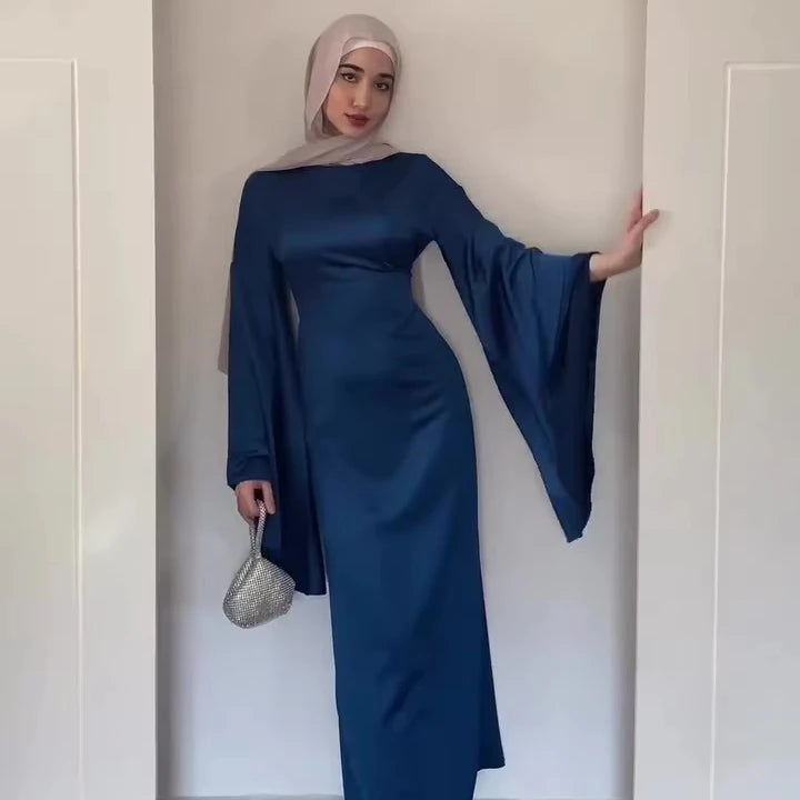 2026 New Fashion Islamic Modest Clothing Abaya Women Muslim Eid Dress Modest Satin Flare Sleeve Maxi Dresses