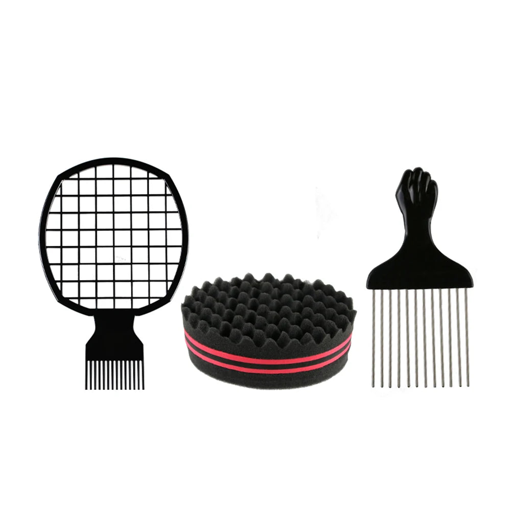 Custom Logo 3PCS Mens Fashion Hair Brush Kit with Curl Twist Sponge Afro Pick Comb Plastic Handle Material Beard Grooming