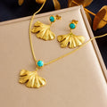 Vintage Ginkgo Blue Turquoise Square Circle Concave and Convex Stainless Steel Pendant Earrings Necklace Set for Women