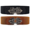 2022 Women's Black PU Belt with Wide Elastic Waist & Flower Metal Buckle Stretchable Coat Dress Belt Alloy Buckle