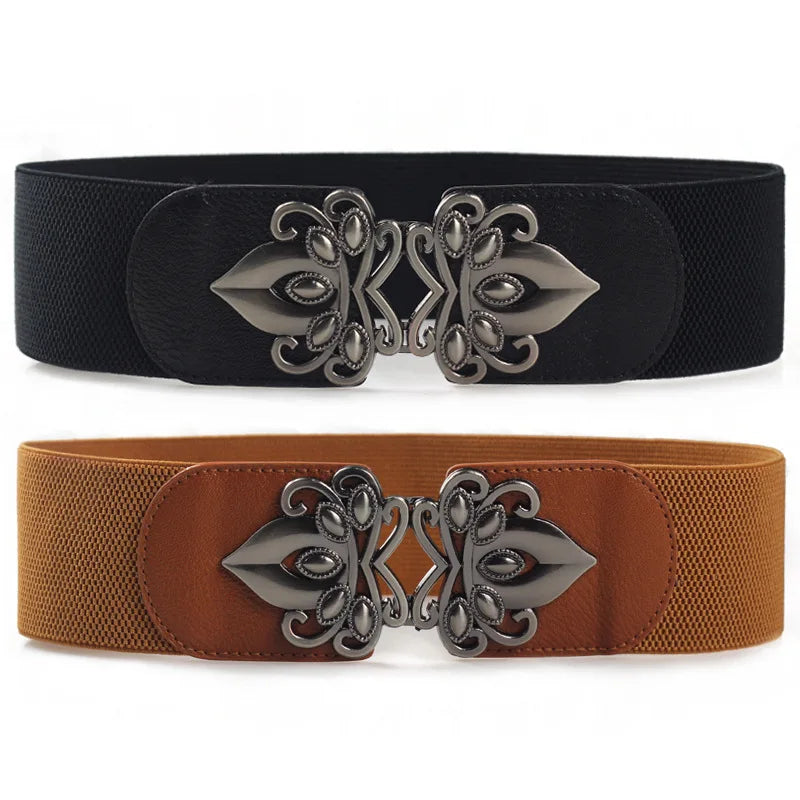2022 Women's Black PU Belt with Wide Elastic Waist & Flower Metal Buckle Stretchable Coat Dress Belt Alloy Buckle