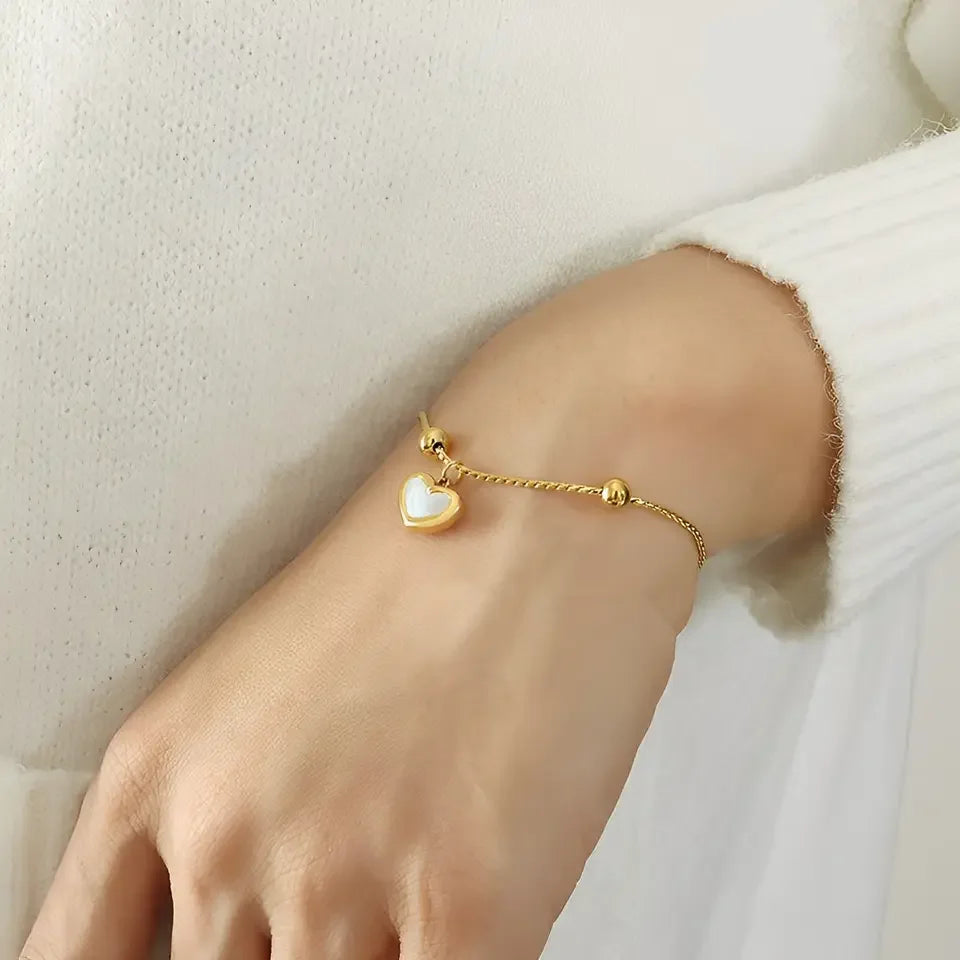 Waterproof Stainless Steel 18K Gold Plated Adjustable Beaded White Shell Heart Shape Charms Women Bracelets