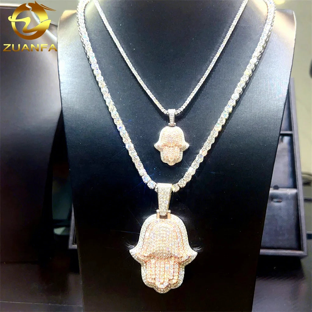 Iced Out Jewelry 3" Two Tone Rose Gold Silver Moissanite Hamsa Custom Hip Hop Pendant