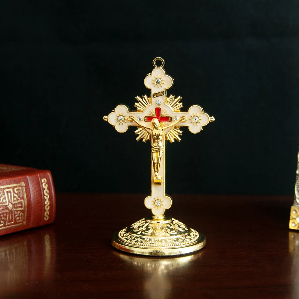HT Church Religion Gold Plated Jesus Crucifix Statue Cross Metal Craft Jesus Prayer Gift Home Car Table Cross