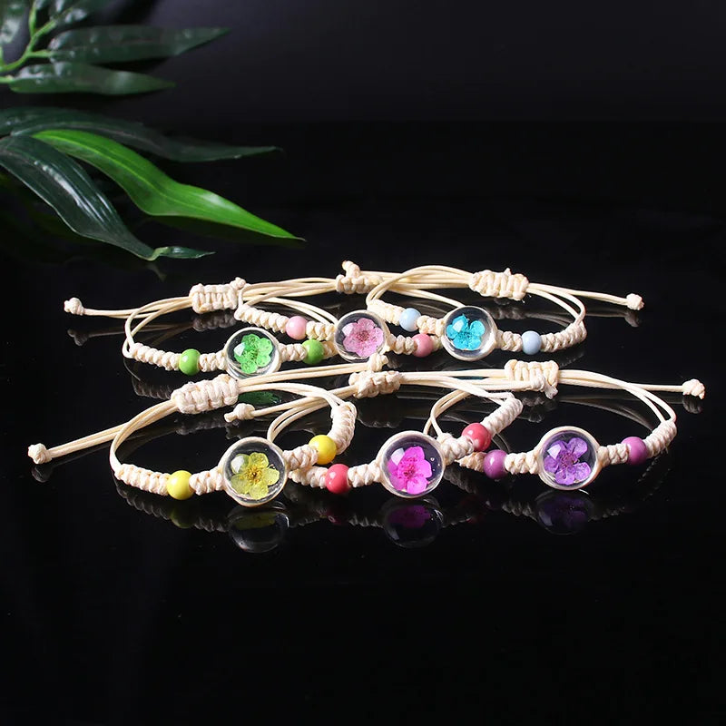 2022 Fashion Adjustable Handmade Bracelet Crystal Glass Ball String Bracelet Babysbreath Dried Flower Bracelet for Women