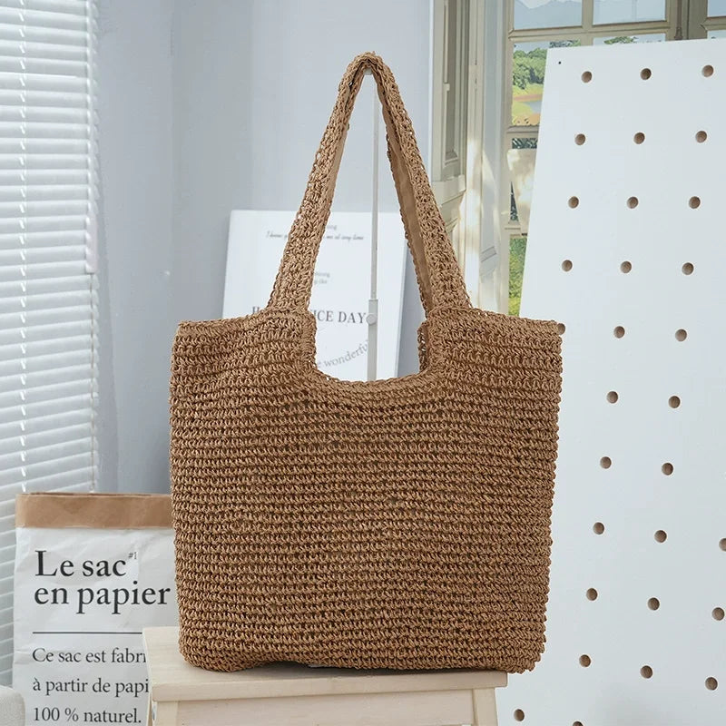 Lady's Eco-Friendly Large Capacity Fashionable Woven Straw Tote Zip Closure Portable Shoulder Bag Two Straps Beach Holidays