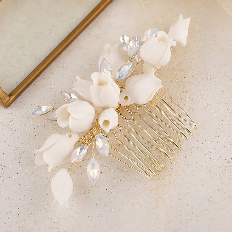 Promotion White Ceramics Flower Bridal Hair Comb Opal Wedding Hair Combs