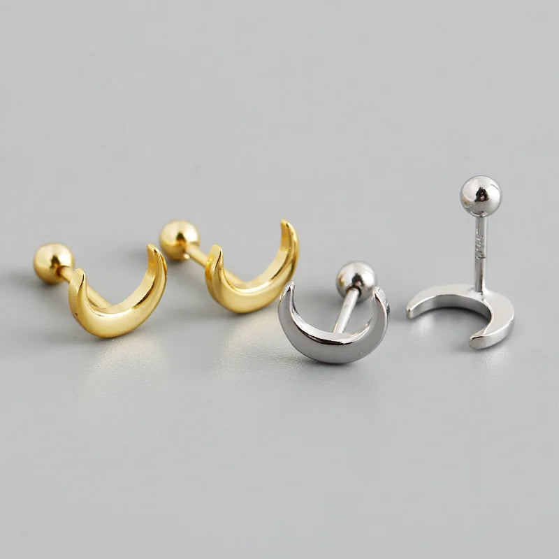 Classic Cute Design 925 Sterling Silver Moon Screw Stud Earrings S925 Girl Women