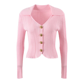 Women White Turn-down Collar V-neckline Wool Blends Coat Knitted Office Lady Slim Fitted Single-breasted Cardigan