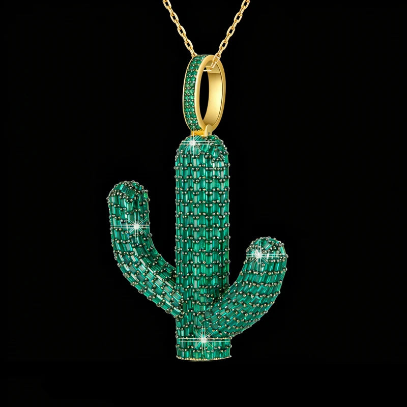 Stunning Design Brass Statement Jewelry Popular Daily Wear Green Zircon Cactus Pendant for Men Women