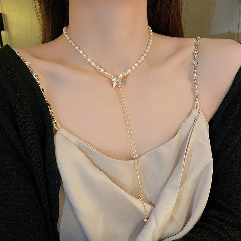 Personality Delicate Butterfly Necklace Women INS Trendy Elegant Pull Out Pearl Chain Choker Necklaces Gold Plated Jewelry Gift