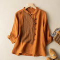 M-3XL Chinoiserie Twist Button Cotton Linen Top 3/4 Sleeve Small Popular Literature and Art Vintage National Style Blouse