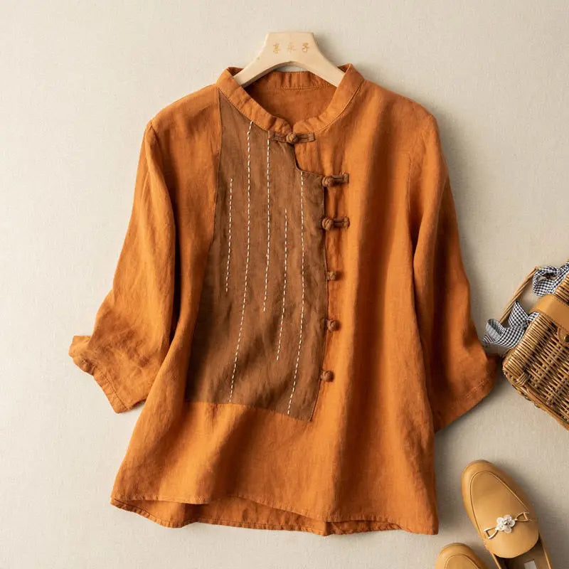 M-3XL Chinoiserie Twist Button Cotton Linen Top 3/4 Sleeve Small Popular Literature and Art Vintage National Style Blouse