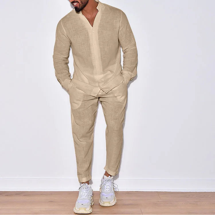 Streetwear S-3XL Autumn Men's Casual Linen Set Long Sleeved Cardigan Collar Top Loose Fitting Work Pants 2-piece Set
