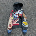 Vintage Wash Men's 100% Cotton Heavyweight Terry Fabric Breathable Cracked Worn Effect Zip-Up Hoodie Color Stones Applique Boxy