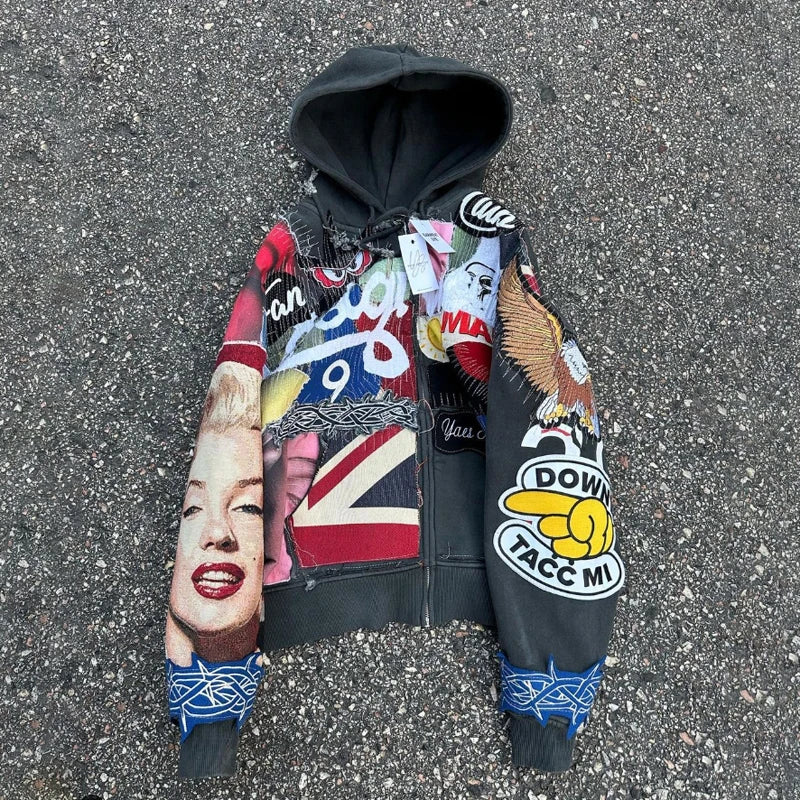 Vintage Wash Men's 100% Cotton Heavyweight Terry Fabric Breathable Cracked Worn Effect Zip-Up Hoodie Color Stones Applique Boxy