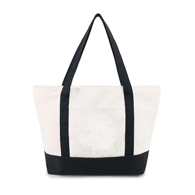 Eco-friendly Black Women's Plain Splicing Cotton Canvas Beach Shopping Shoulder Tote Bags Handbags Custom Printed Logo