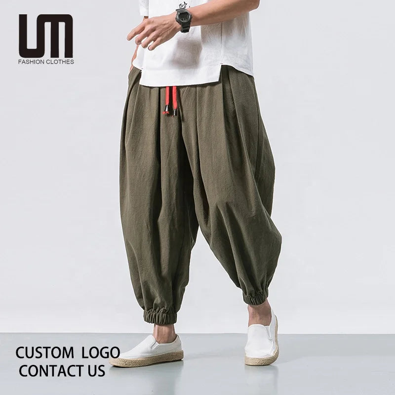 Liu Ming Wholesale Spring Summer Men Streetwear Fashion Loose Casual Pant Cotton Linen Jogger Plus Size Harem Trousers