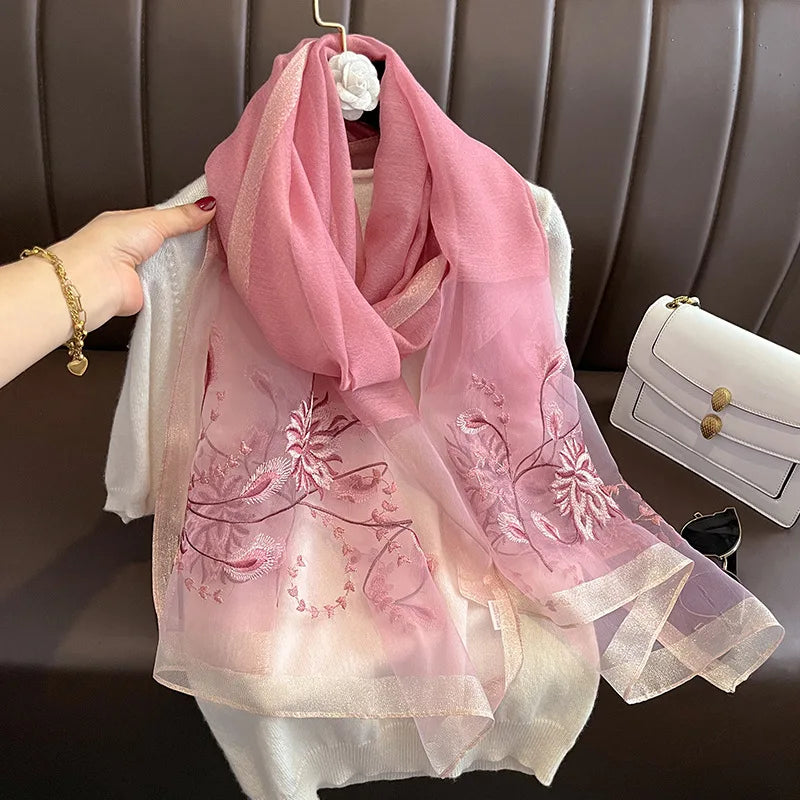 2023 New Real Silk Blend Scarf Fancy Embroidery Flower Pattern Mulberry Silk Wool Scarves Ladies Soft Thin Polyester Gauze Shawl